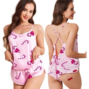 Ekouaer Silk Pajamas Set for Women Satin Backless Lingerie Pjs Nightwear(Pink Bow Candy Cane)