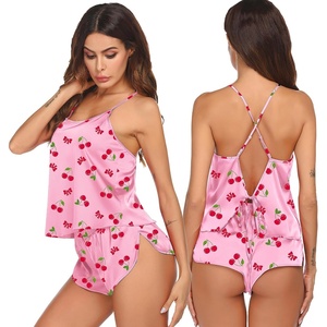 Ekouaer Silk Pajamas Set for Women Satin Backless Lingerie Pjs Nightwear(Pink Cherry Print)