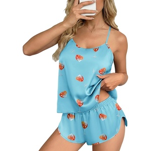 Ekouaer Silk Pajamas Set for Women Satin Backless Lingerie Pjs Nightwear(Print-blue Cheers)