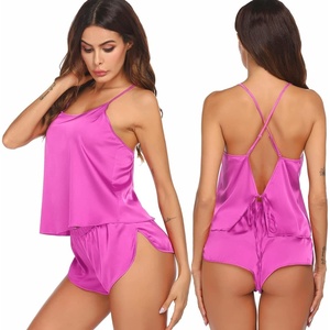 Ekouaer Silk Pajamas Set for Women Satin Backless Lingerie Pjs Nightwear(Rose Red)