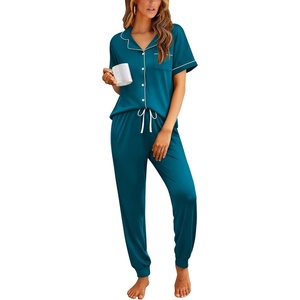 Ekouaer Women Pajama Set Short Sleeve Button Down Pjs with Jogger Pants(Blue Green)