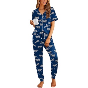 Ekouaer Women Pajama Set Short Sleeve Button Down Pjs with Jogger Pants(Blue Zebra)