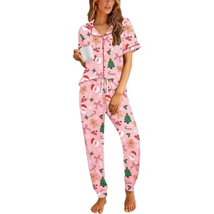Ekouaer Women Pajama Set Short Sleeve Button Down Pjs with Jogger Pants(Christmas Pink)