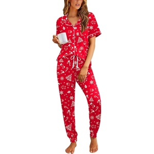 Ekouaer Women Pajama Set Short Sleeve Button Down Pjs with Jogger Pants(Christmas Red)