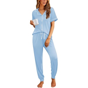 Ekouaer Women Pajama Set Short Sleeve Button Down Pjs with Jogger Pants(Light Blue)