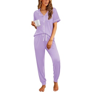 Ekouaer Women Pajama Set Short Sleeve Button Down Pjs with Jogger Pants(Light Purple)