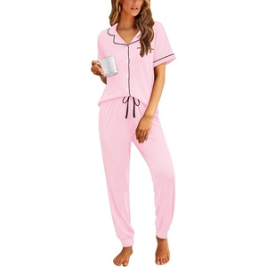 Ekouaer Women Pajama Set Short Sleeve Button Down Pjs with Jogger Pants(Pink)
