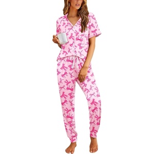 Ekouaer Women Pajama Set Short Sleeve Button Down Pjs with Jogger Pants(Pink Bow)