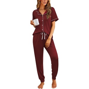 Ekouaer Women Pajama Set Short Sleeve Button Down Pjs with Jogger Pants(Wine Red)