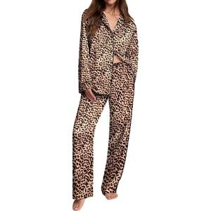 Ekouaer Womens Pajama Sets Satin Silk Pjs Long Sleeve Button Down Sleepwear(Brown Leopard)