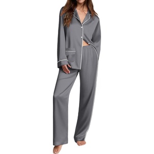 Ekouaer Womens Pajama Sets Satin Silk Pjs Long Sleeve Button Down Sleepwear(Dark Grey)