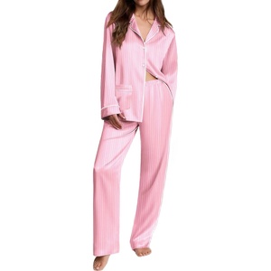 Ekouaer Womens Pajama Sets Satin Silk Pjs Long Sleeve Button Down Sleepwear(Pink Striped)