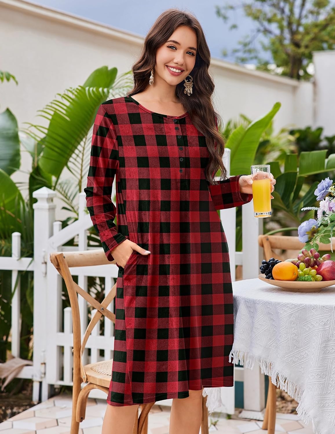 image:imageEkouaer Flannel Nightgowns for Women Long Sleeve Night Gown Warm NightshirtA Red Black Plaid