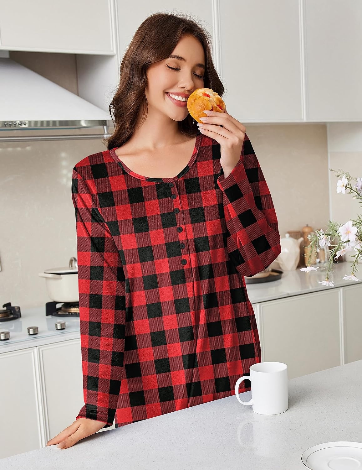 image:imageEkouaer Flannel Nightgowns for Women Long Sleeve Night Gown Warm NightshirtA Red Black Plaid