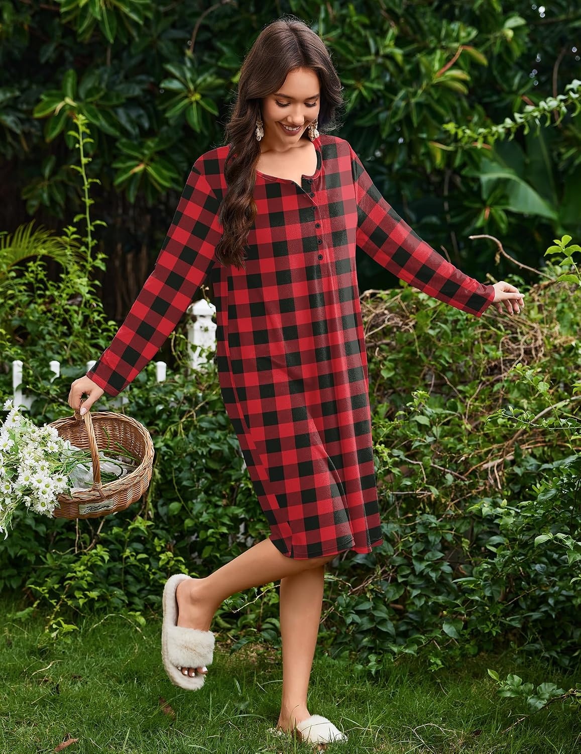 image:imageEkouaer Flannel Nightgowns for Women Long Sleeve Night Gown Warm NightshirtA Red Black Plaid