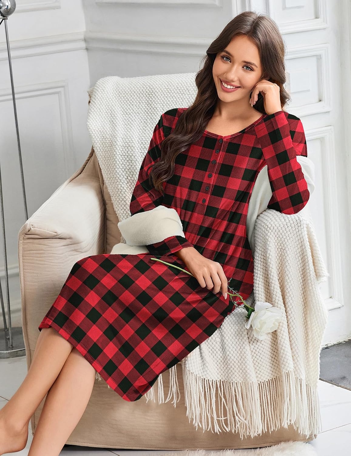 image:imageEkouaer Flannel Nightgowns for Women Long Sleeve Night Gown Warm NightshirtA Red Black Plaid