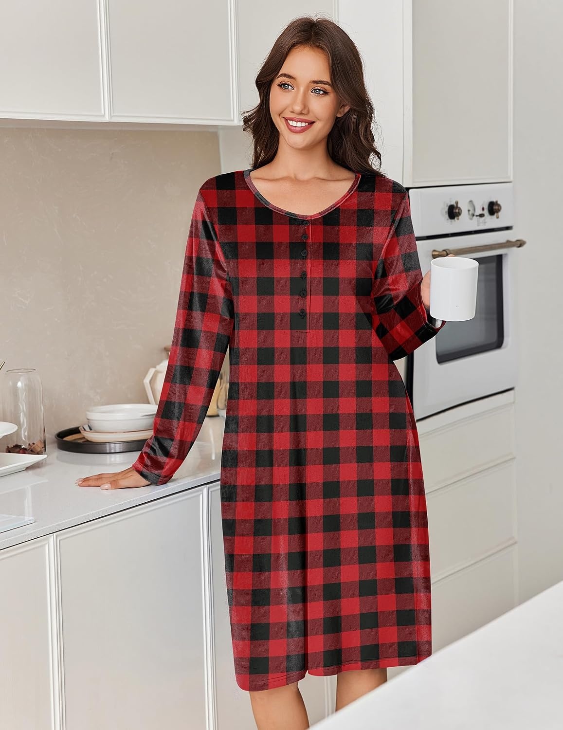 image:imageEkouaer Flannel Nightgowns for Women Long Sleeve Night Gown Warm NightshirtA Red Black Plaid