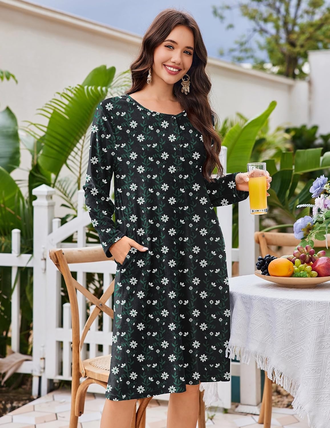 image:imageEkouaer Flannel Nightgowns for Women Long Sleeve Night Gown Warm NightshirtBlack Daisy Flower