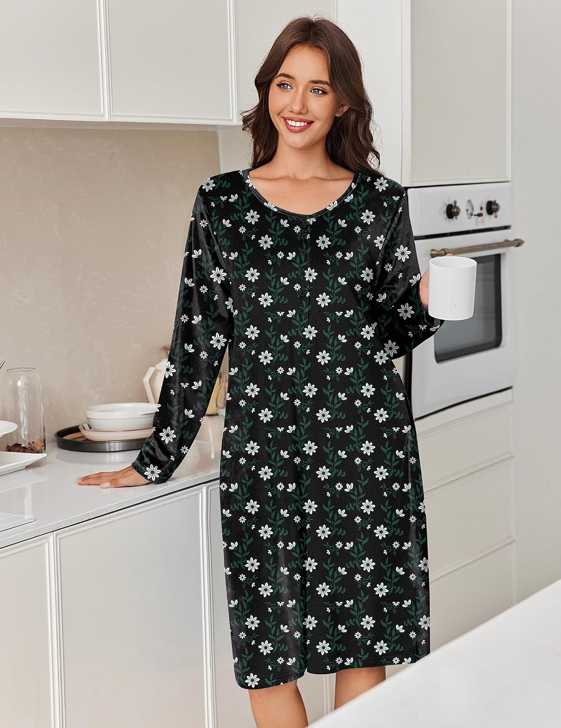 image:imageEkouaer Flannel Nightgowns for Women Long Sleeve Night Gown Warm NightshirtBlack Daisy Flower