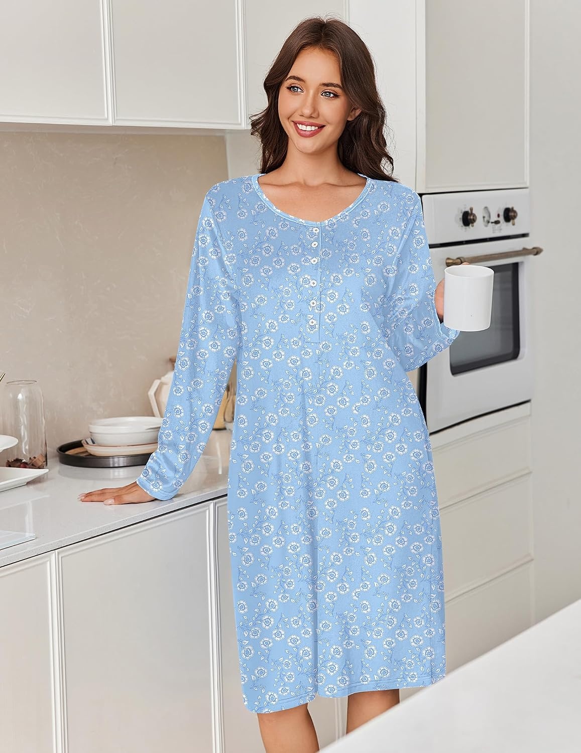 image:imageEkouaer Flannel Nightgowns for Women Long Sleeve Night Gown Warm NightshirtLight Blue Floral