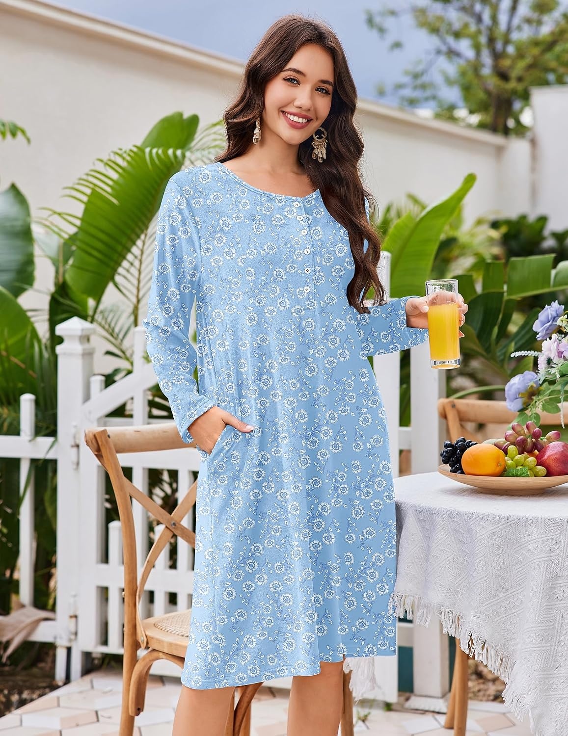 image:imageEkouaer Flannel Nightgowns for Women Long Sleeve Night Gown Warm NightshirtLight Blue Floral