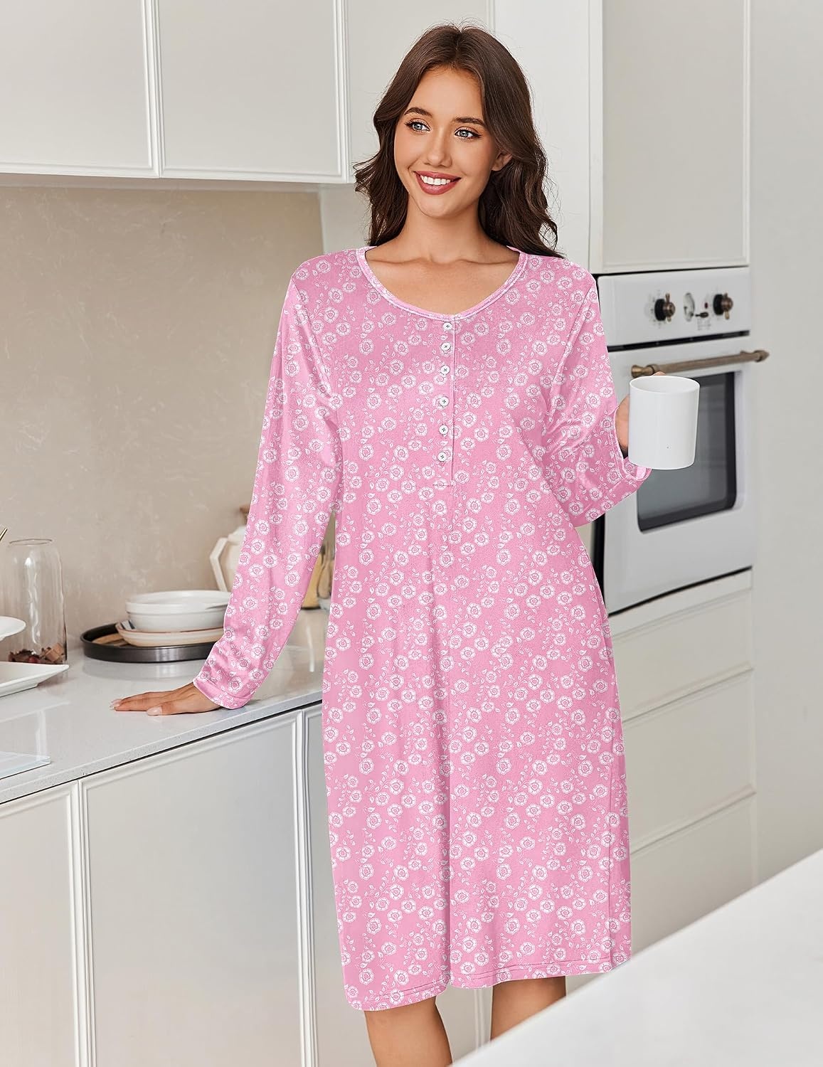 image:imageEkouaer Flannel Nightgowns for Women Long Sleeve Night Gown Warm NightshirtPink Floral
