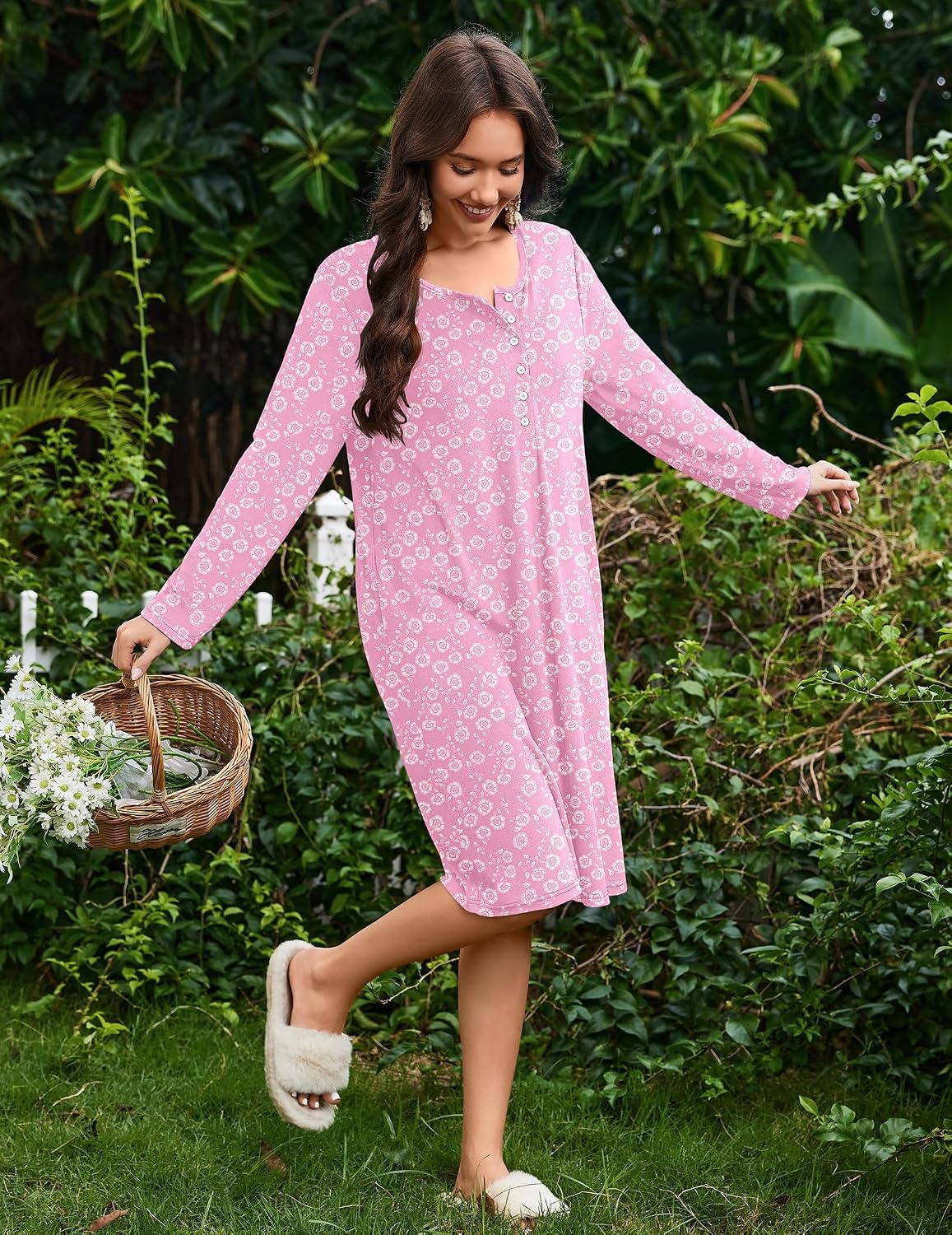 image:imageEkouaer Flannel Nightgowns for Women Long Sleeve Night Gown Warm NightshirtPink Floral