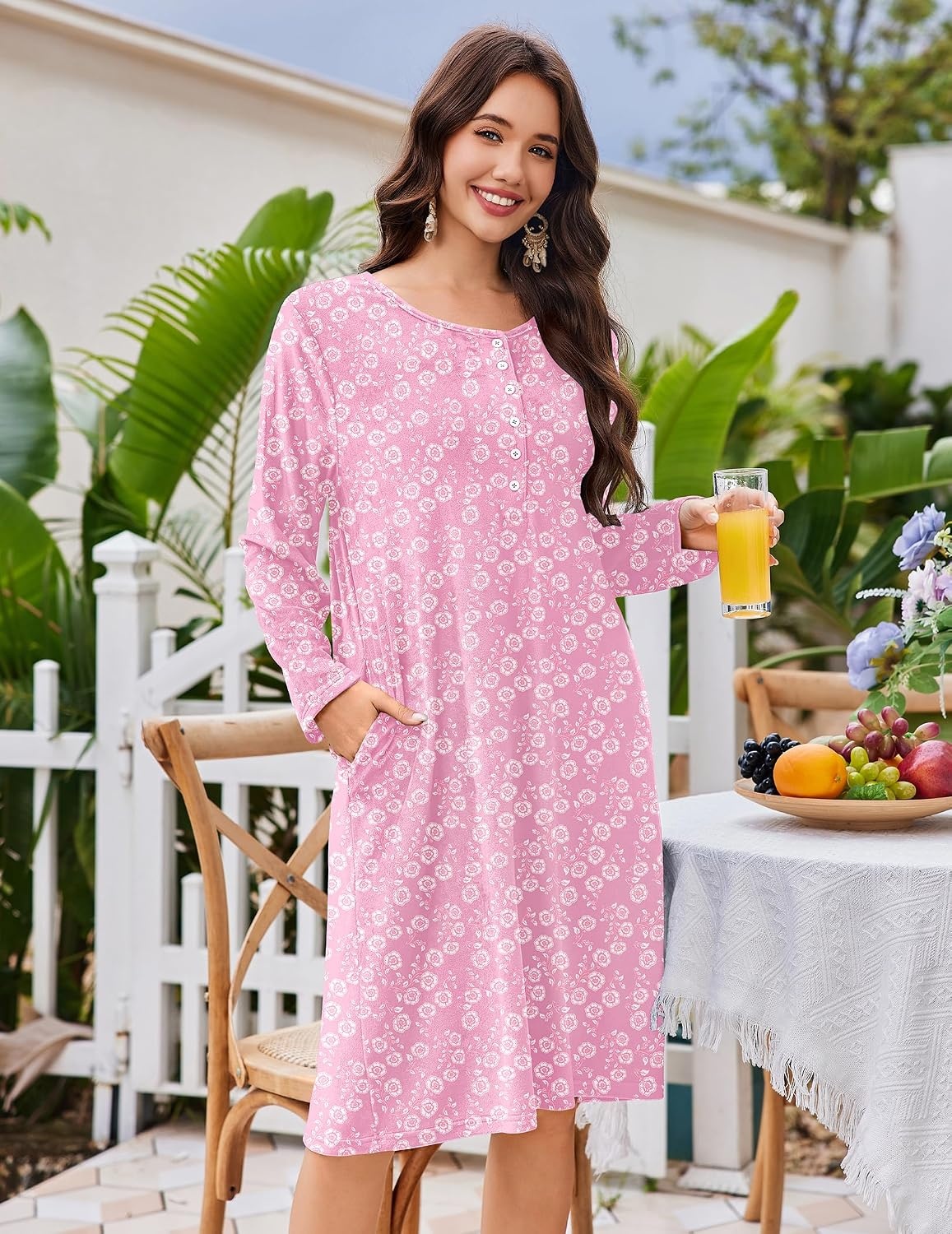 image:imageEkouaer Flannel Nightgowns for Women Long Sleeve Night Gown Warm NightshirtPink Floral
