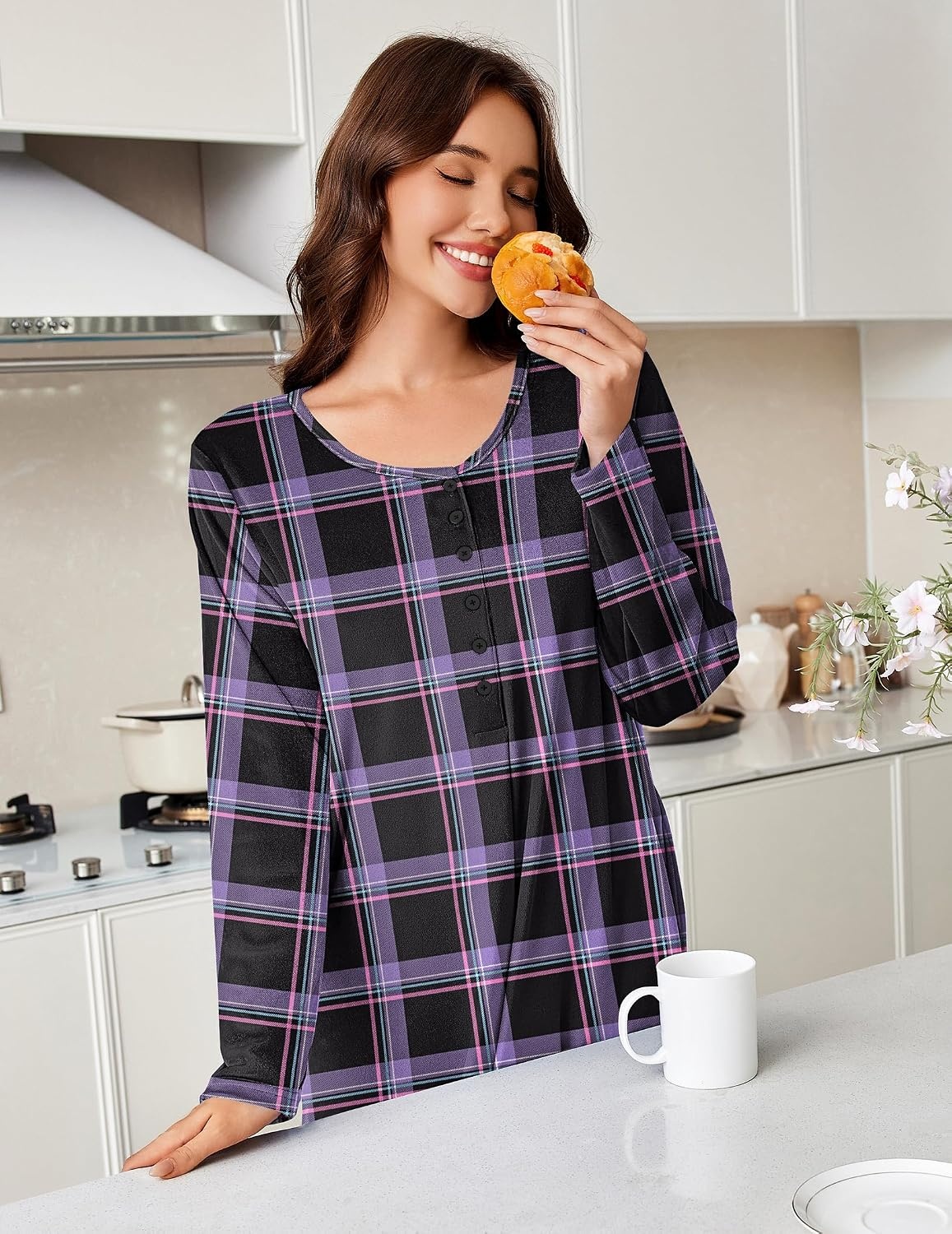 image:imageEkouaer Flannel Nightgowns for Women Long Sleeve Night Gown Warm NightshirtPurple Plaid