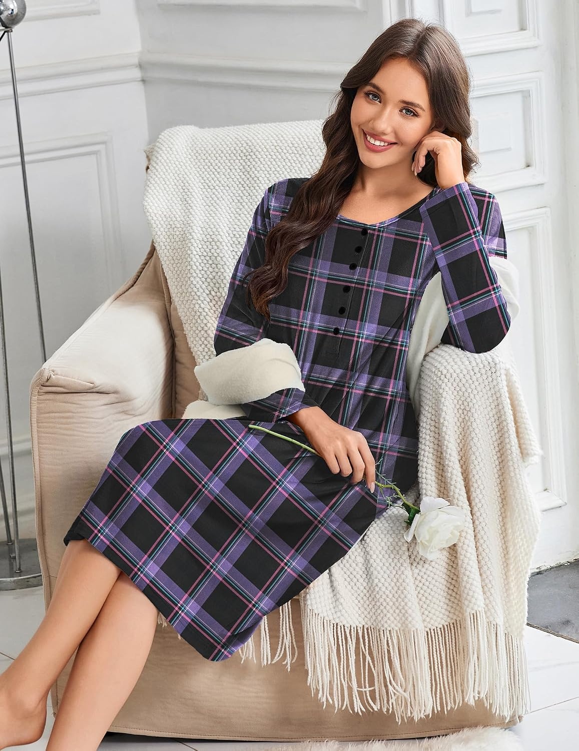 image:imageEkouaer Flannel Nightgowns for Women Long Sleeve Night Gown Warm NightshirtPurple Plaid