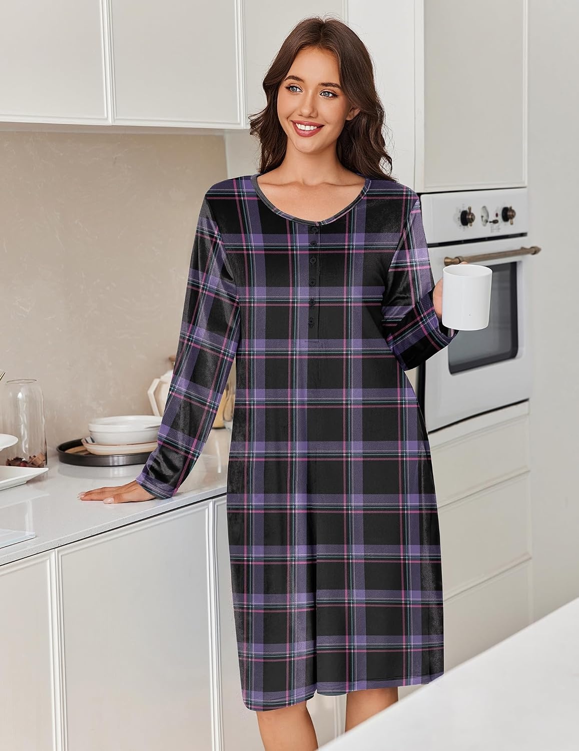 image:imageEkouaer Flannel Nightgowns for Women Long Sleeve Night Gown Warm NightshirtPurple Plaid
