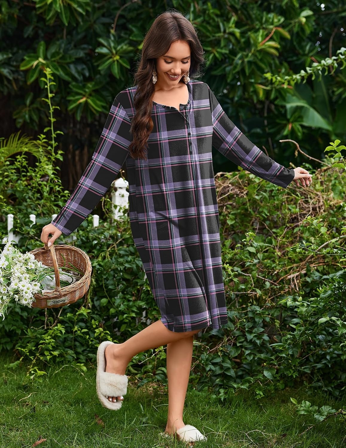 image:imageEkouaer Flannel Nightgowns for Women Long Sleeve Night Gown Warm NightshirtPurple Plaid
