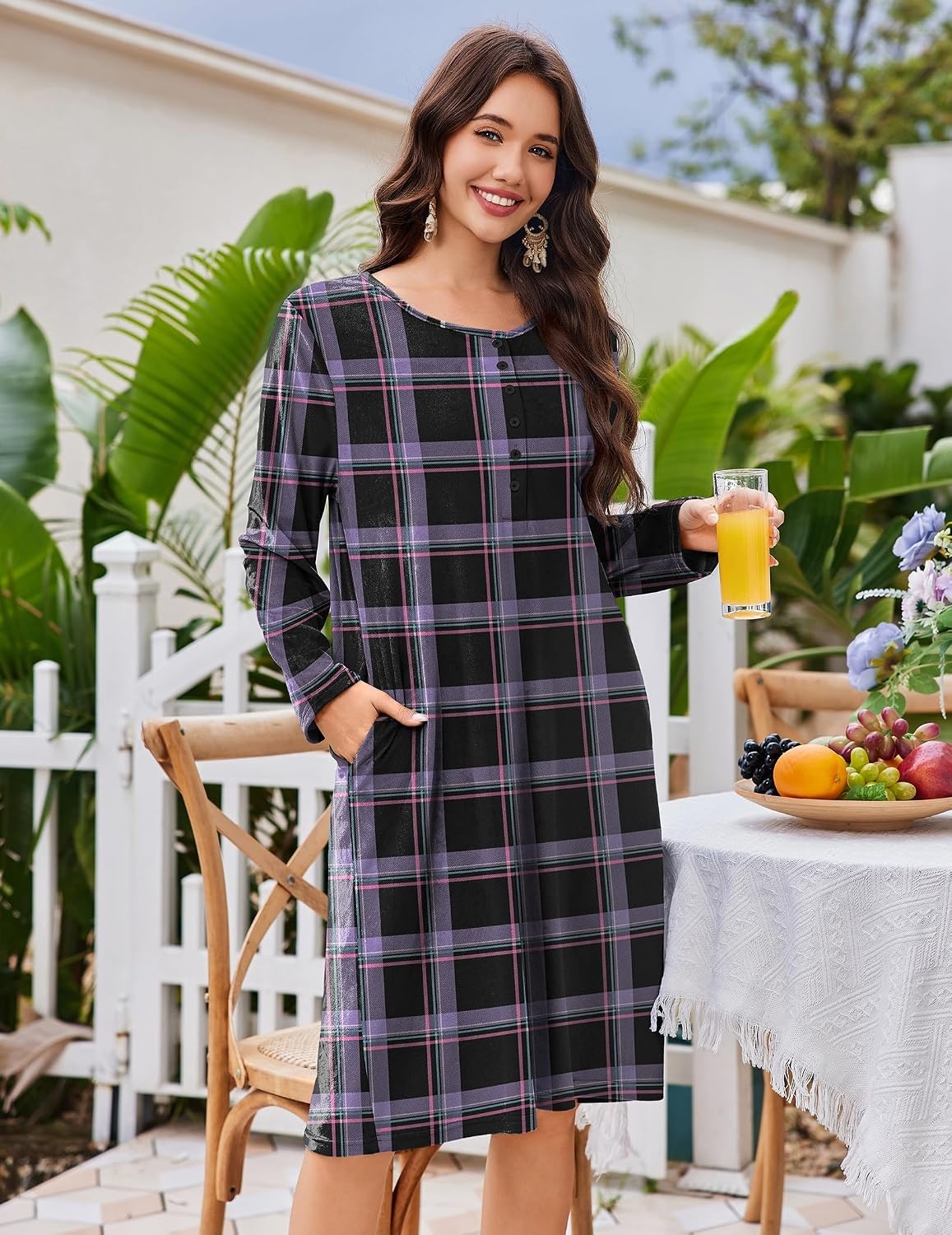 image:imageEkouaer Flannel Nightgowns for Women Long Sleeve Night Gown Warm NightshirtPurple Plaid
