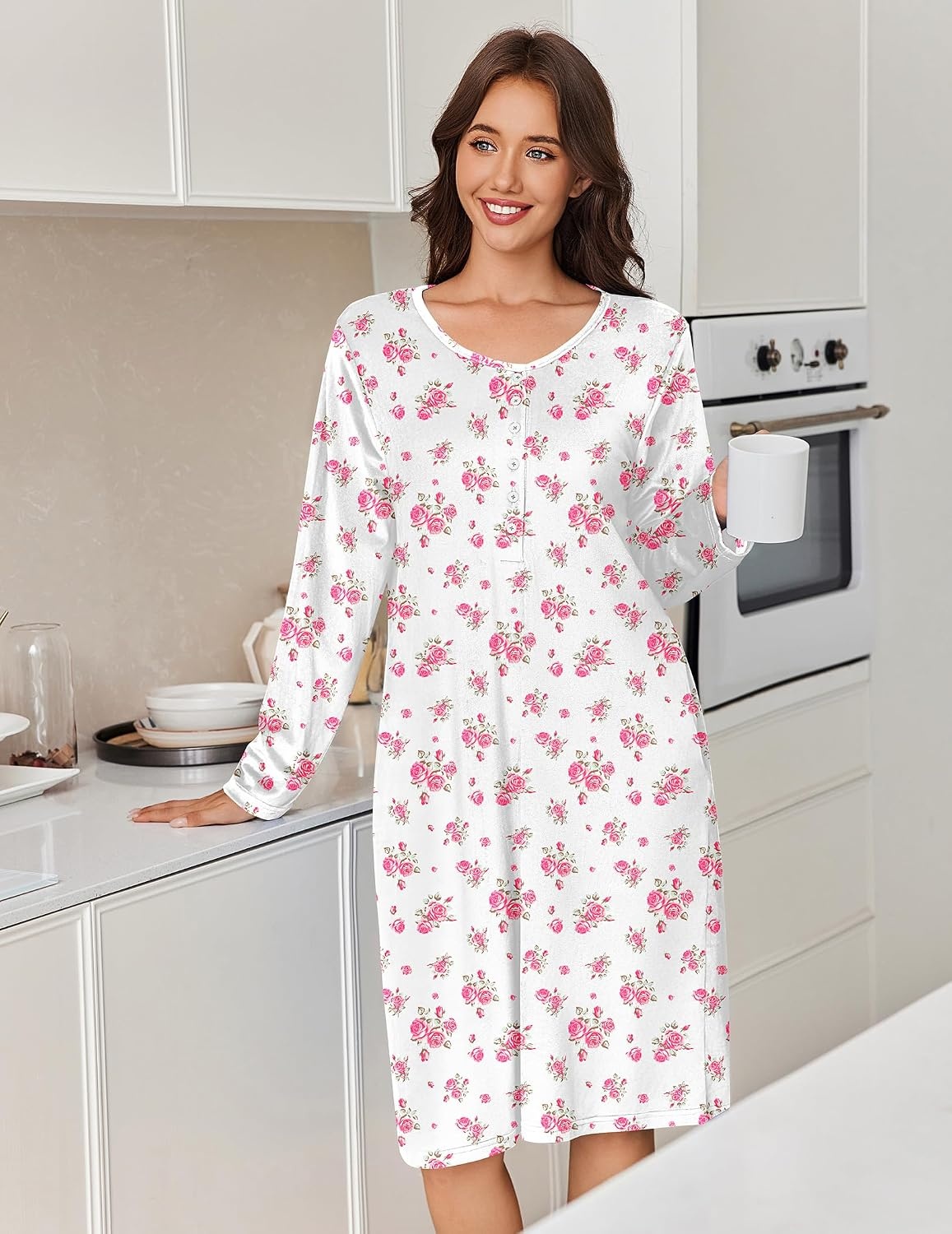 image:imageEkouaer Flannel Nightgowns for Women Long Sleeve Night Gown Warm NightshirtWhite Pink Flower