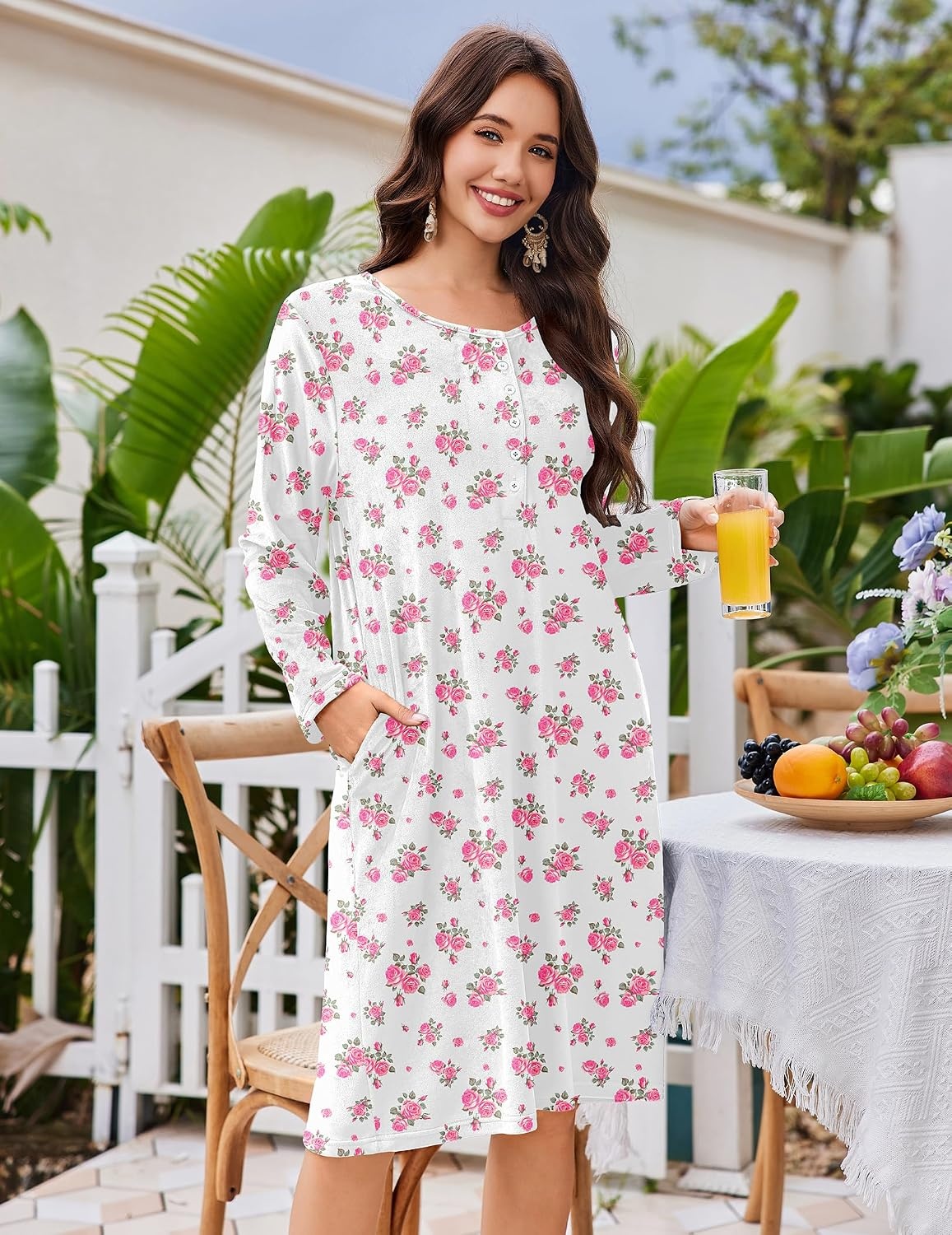 image:imageEkouaer Flannel Nightgowns for Women Long Sleeve Night Gown Warm NightshirtWhite Pink Flower