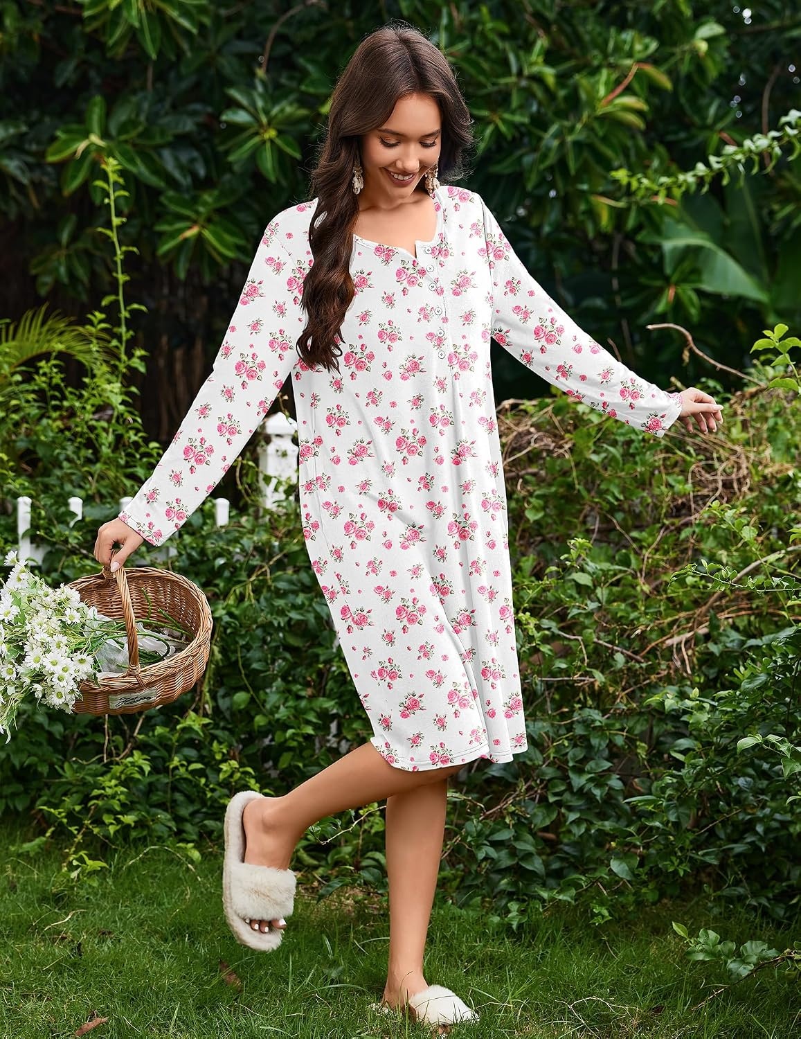 image:imageEkouaer Flannel Nightgowns for Women Long Sleeve Night Gown Warm NightshirtWhite Pink Flower