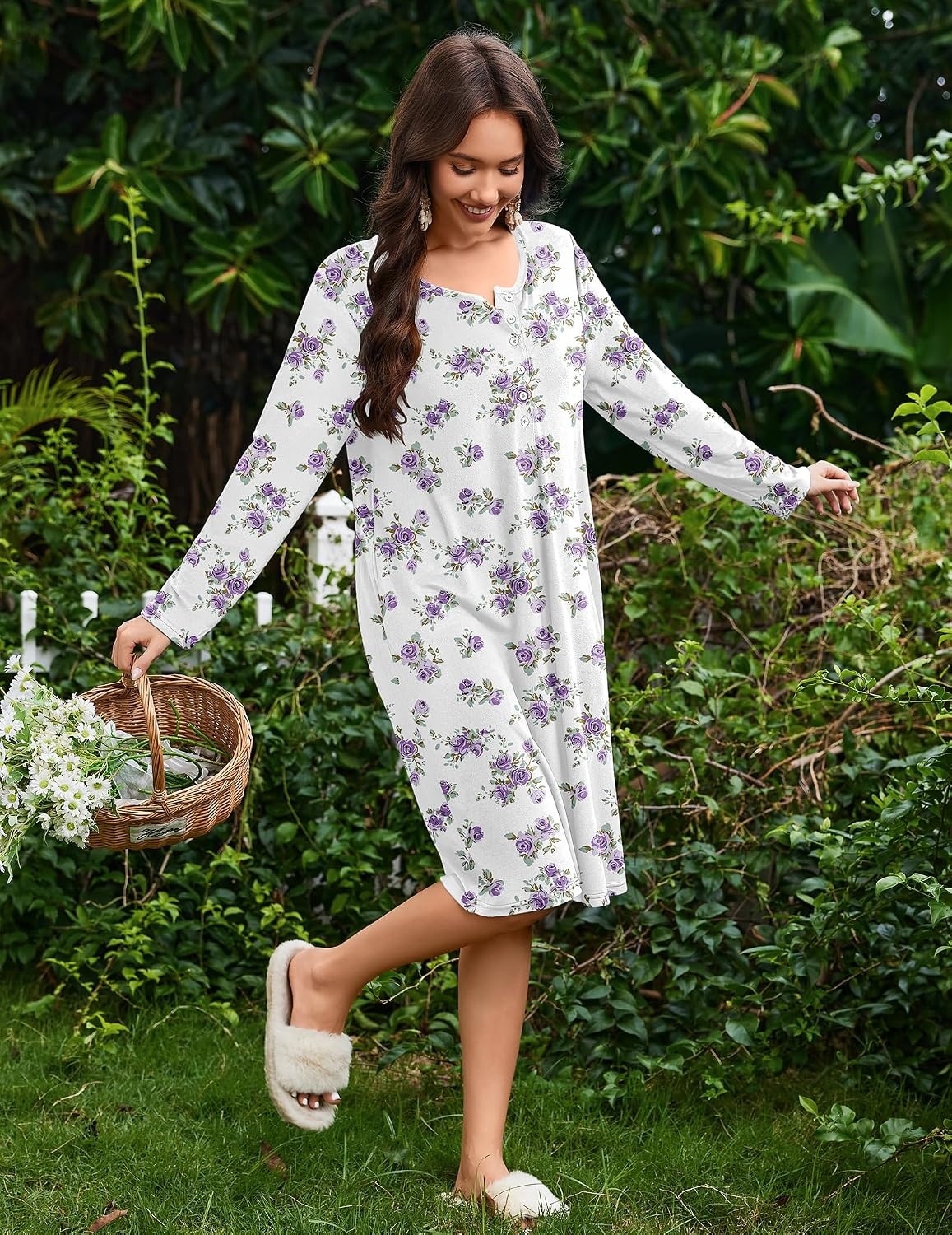 image:imageEkouaer Flannel Nightgowns for Women Long Sleeve Night Gown Warm NightshirtWhite Purple Rose