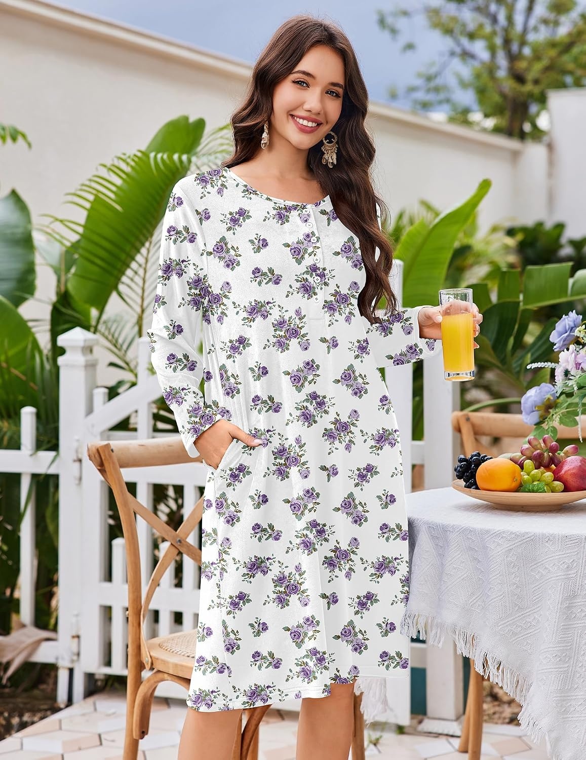 image:imageEkouaer Flannel Nightgowns for Women Long Sleeve Night Gown Warm NightshirtWhite Purple Rose