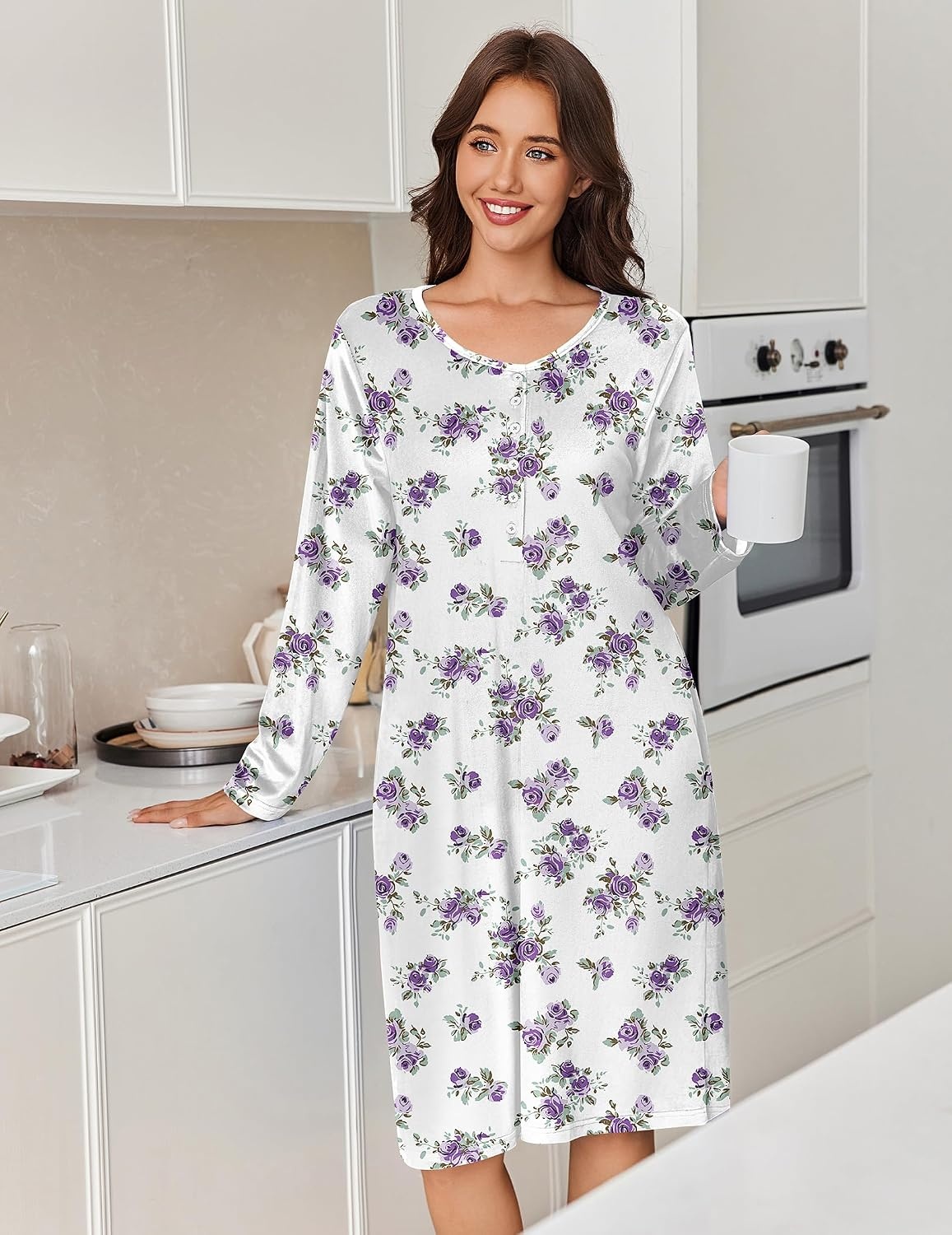 image:imageEkouaer Flannel Nightgowns for Women Long Sleeve Night Gown Warm NightshirtWhite Purple Rose