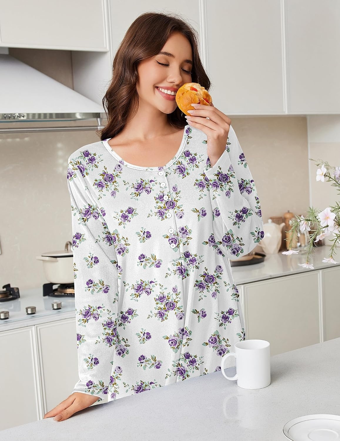 image:imageEkouaer Flannel Nightgowns for Women Long Sleeve Night Gown Warm NightshirtWhite Purple Rose