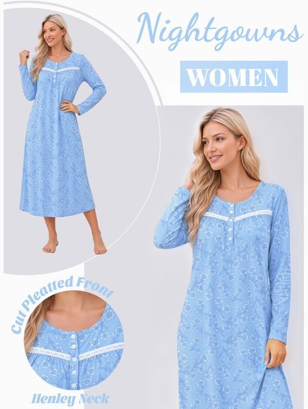 image:imageEkouaer Long Sleeve Nightgowns for Women Henley Sleepshirts with PocketsBlue Floral