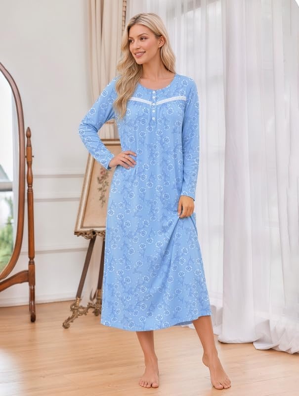 image:imageEkouaer Long Sleeve Nightgowns for Women Henley Sleepshirts with PocketsBlue Floral