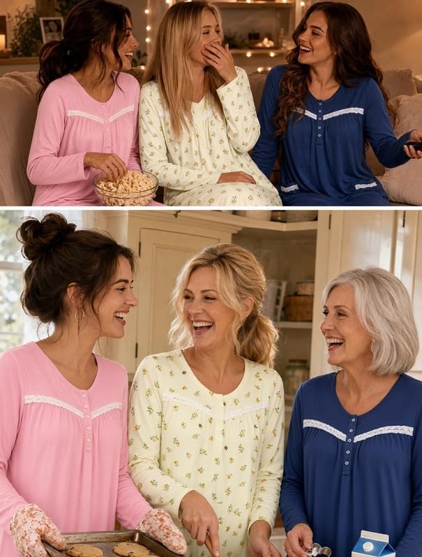 image:imageEkouaer Long Sleeve Nightgowns for Women Henley Sleepshirts with PocketsBlue Floral