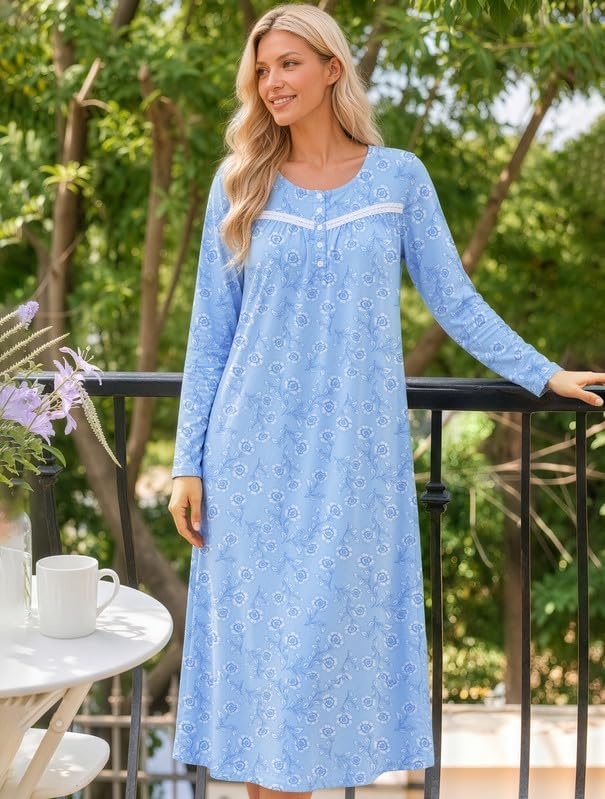 image:imageEkouaer Long Sleeve Nightgowns for Women Henley Sleepshirts with PocketsBlue Floral