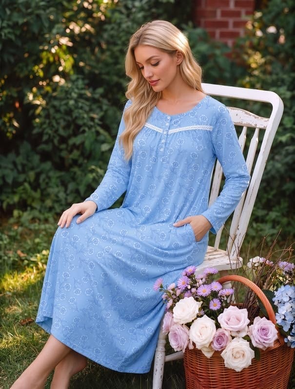 image:imageEkouaer Long Sleeve Nightgowns for Women Henley Sleepshirts with PocketsBlue Floral