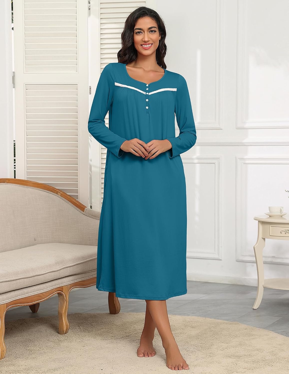 image:imageEkouaer Long Sleeve Nightgowns for Women Henley Sleepshirts with PocketsBlue Green