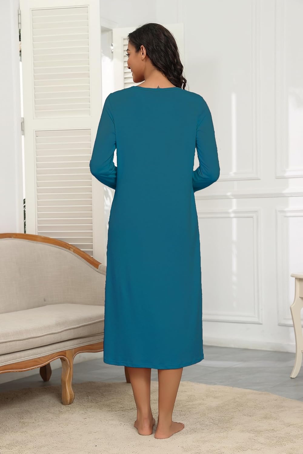 image:imageEkouaer Long Sleeve Nightgowns for Women Henley Sleepshirts with PocketsBlue Green