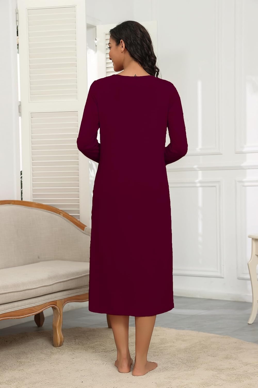 image:imageEkouaer Long Sleeve Nightgowns for Women Henley Sleepshirts with PocketsDark Red