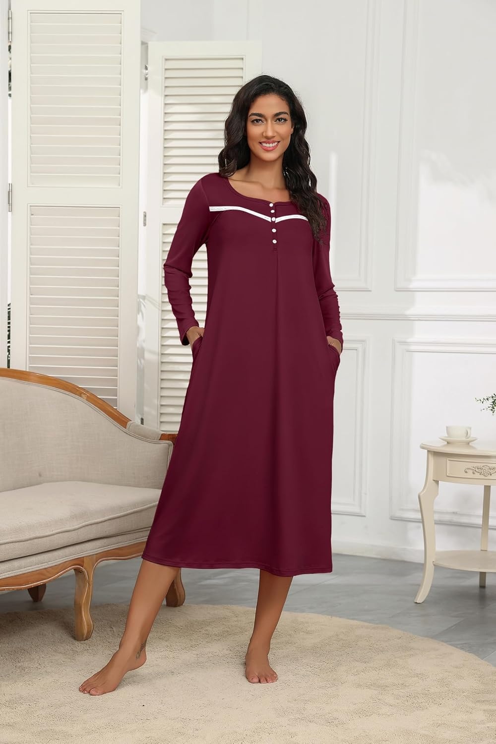 image:imageEkouaer Long Sleeve Nightgowns for Women Henley Sleepshirts with PocketsDark Red