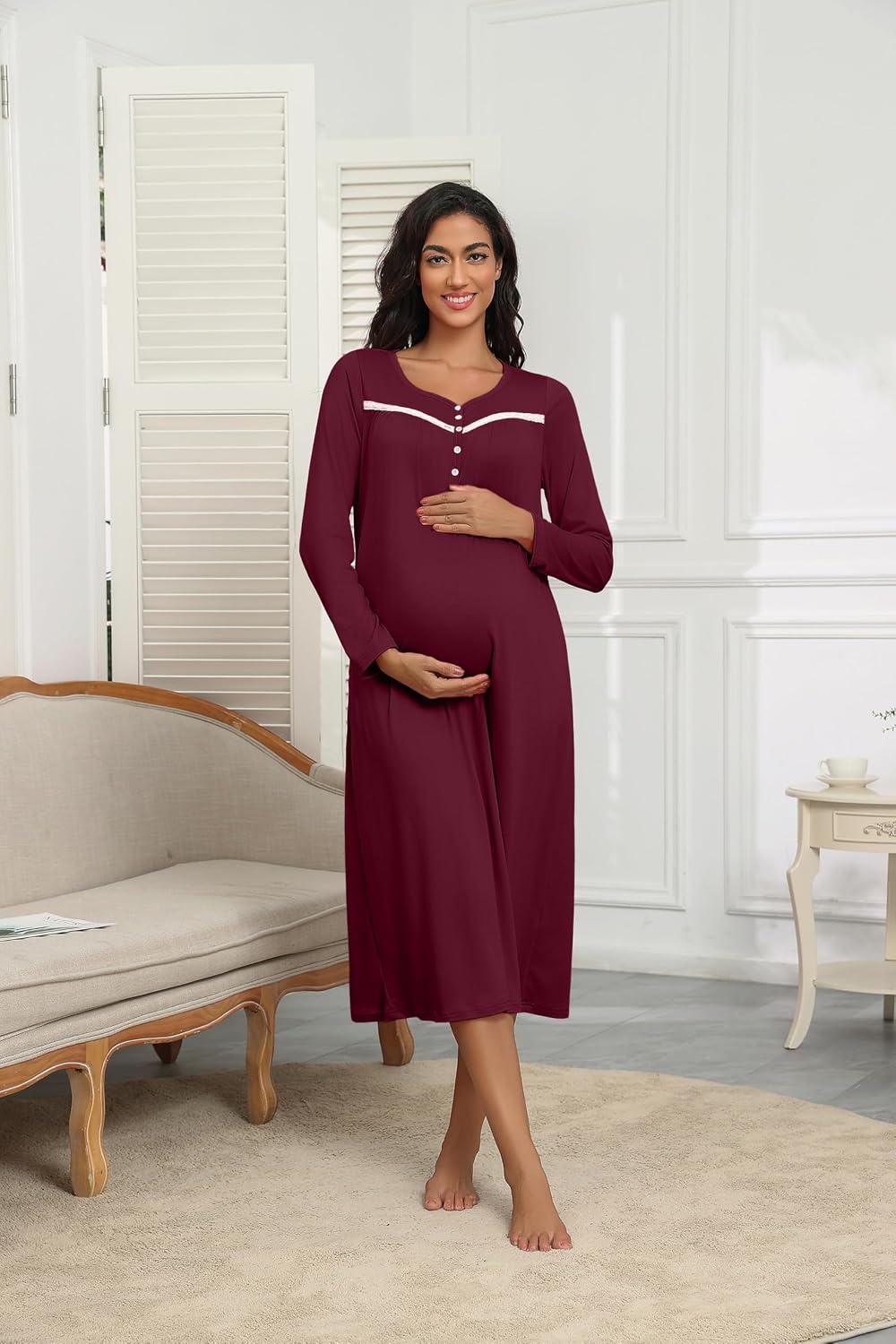 image:imageEkouaer Long Sleeve Nightgowns for Women Henley Sleepshirts with PocketsDark Red